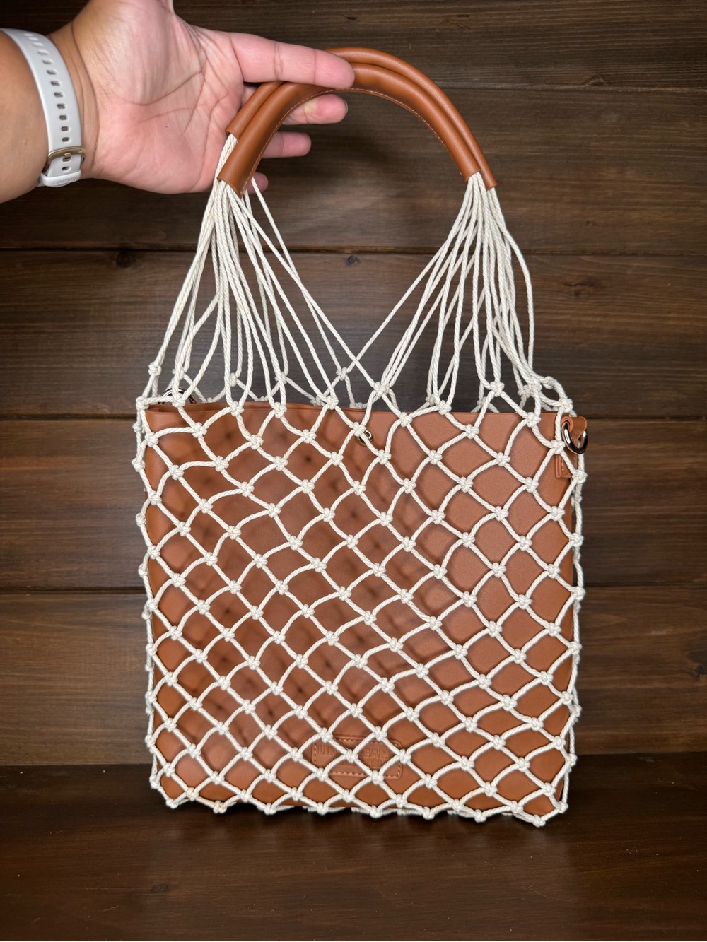 Tan Tote with Cream Macramé Overlay